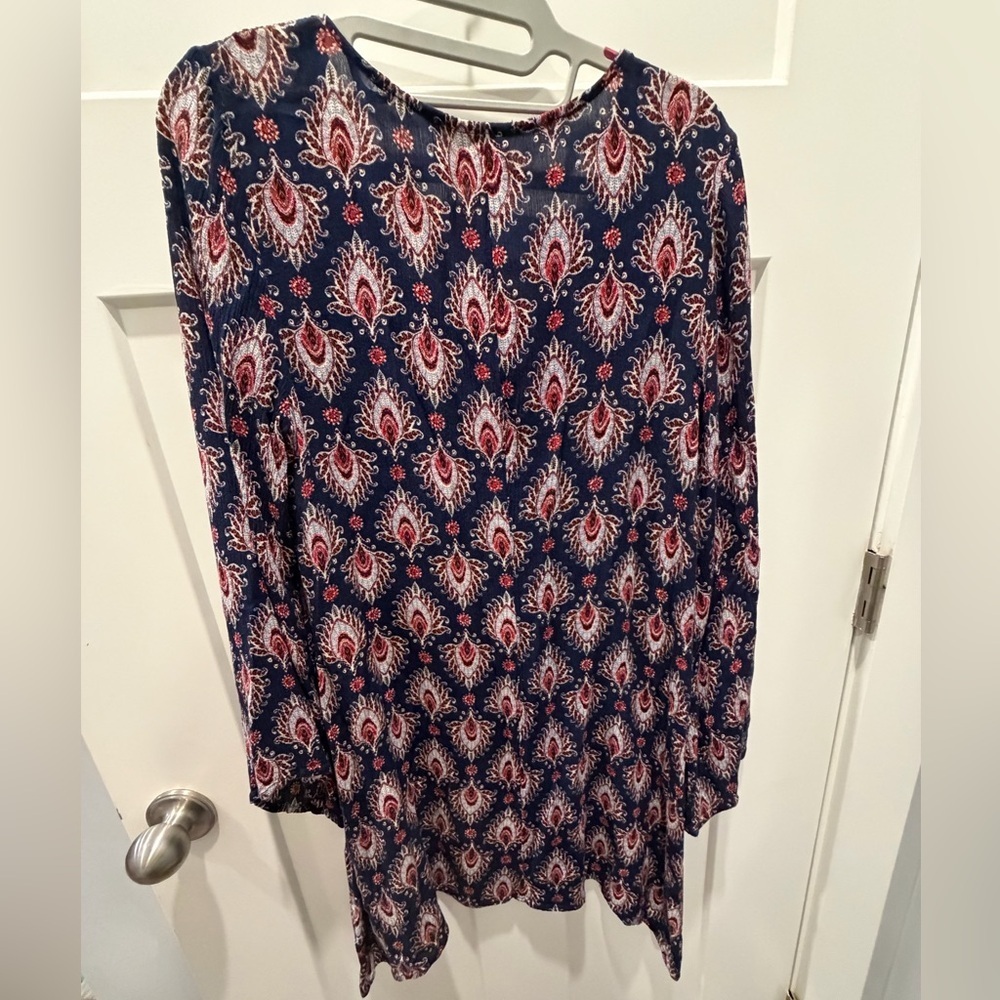 Mossimo Supply Co Boho Paisley Tunic Top Navy Red Rayon Long Sleeve Size L - Picture 3 of 9